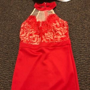 Red high neck dress